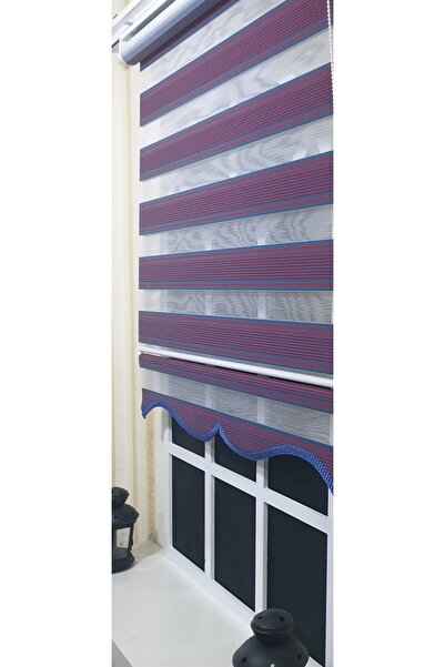 StorBurada Pliseli Zebra Stor Perde Bordo Mavi Etek Dilimli ST 017