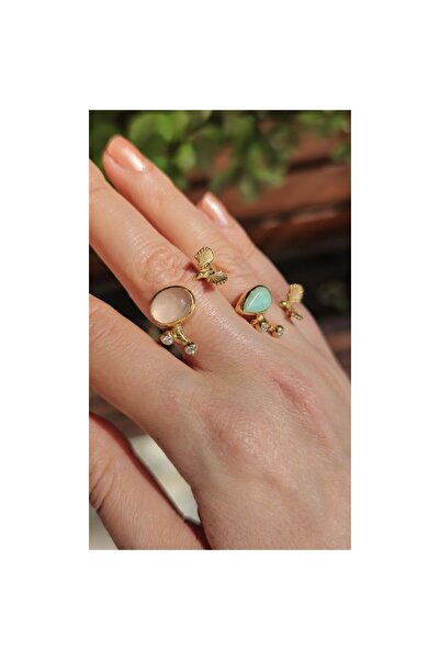 lpsankara Pembe kuvars ve yeşil kalsedon taşlı kuş motif gümüş yüzük serisi