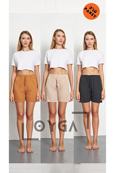 Oyga Camel Cream Anthracite - 3-Piece Ribbed Women's Clothing Shorts Pajama B...