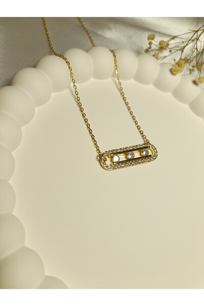 MyCarya Jewelry Zirkon Taşlı Dikdörtgen Üç Taşlı Gold Çelik Kolye