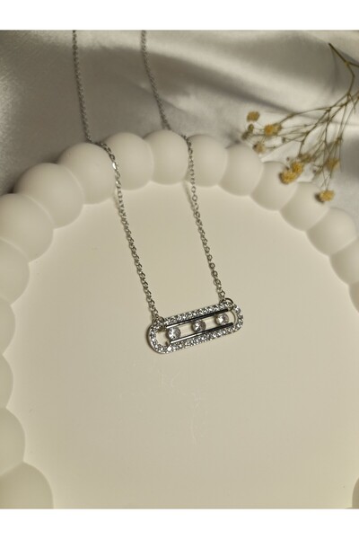 MyCarya Jewelry Zirkon Taşlı Dikdörtgen Üç Taşlı Silver Çelik Kolye