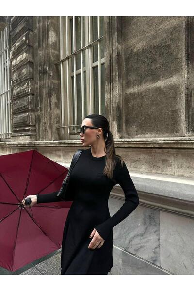 Hotfashion Kadın Siyah Fitilli Çelik Örme Ultra Esnek Bisiklet Yaka Standart Beden Triko Elbise