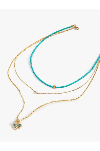 Koton Chain Necklace with Clover Figure and Evil Eye Bead Detail