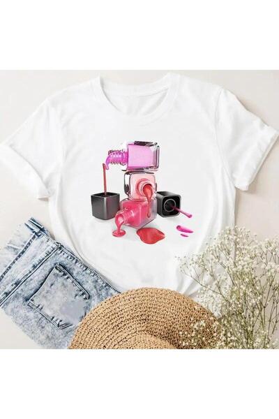 THİS GYOX Women's Printed Detail Oversize Bol Cut T-Shirt with Cycling Neck
