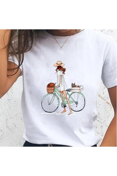 THİS GYOX Women's Printed Detail Oversize Bol Cut T-Shirt with Cycling Neck