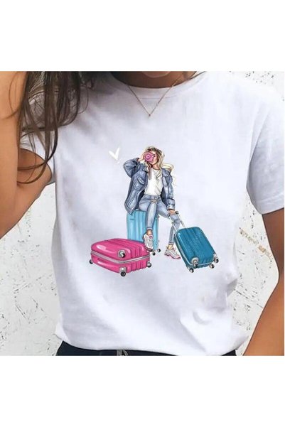 THİS GYOX Women's Printed Detail Oversize Bol Cut T-Shirt with Cycling Neck