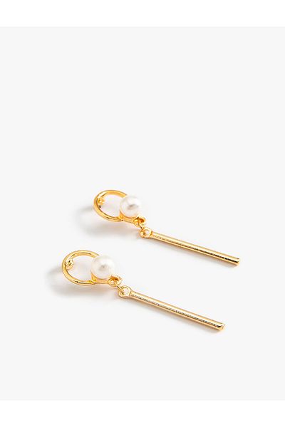 Koton Geometric Shaped and Pearl Detailed Dangle Natural Texture Earrings