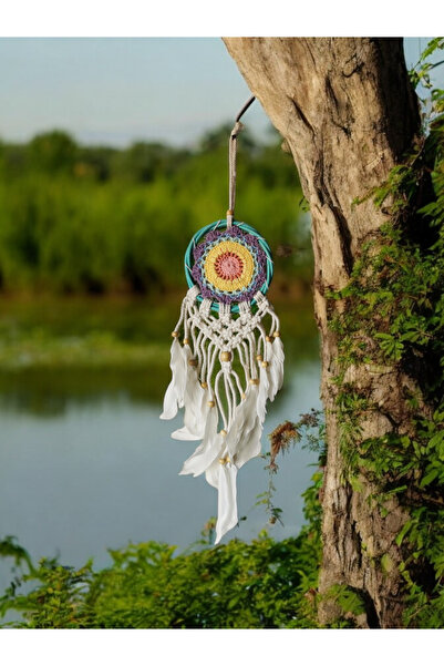 Halley Concept El Yapımı Ahşap Kasnak Renkli Örgü Dantel ve Kuş Tüyü Süslemeli Düş Kapanı Dreamcatcher 10x50 cm