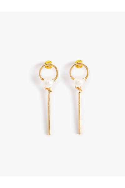 Koton Geometric Shaped and Pearl Detailed Dangle Natural Texture Earrings