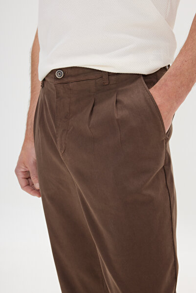 ALTINYILDIZ CLASSICS Men's Brown Cotton Slim Fit Slim Fit Side Pocket Pleated Casual Pants