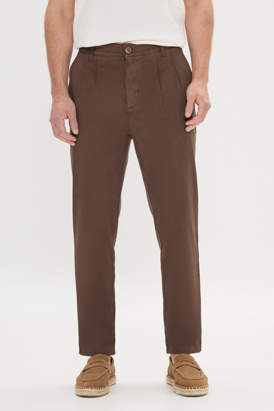 ALTINYILDIZ CLASSICS Men's Brown Cotton Slim Fit Slim Fit Side Pocket Pleated Casual Pants