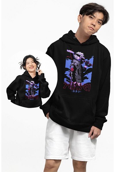 Fuddy Moda Унисекс суитшърт с качулка и щампа Kakashi Sense, голям суитшърт с качулка и тематика на аниме Наруто