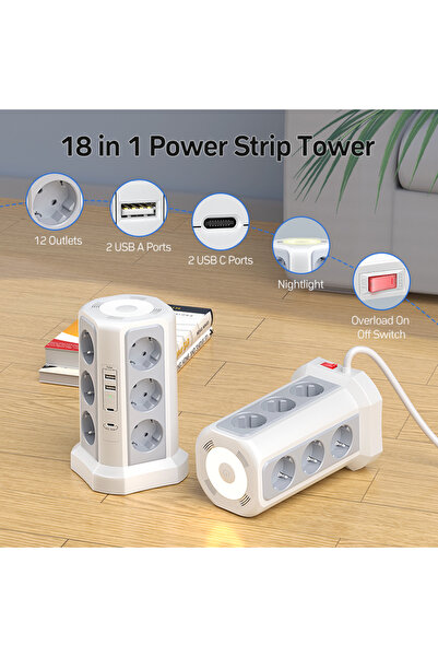 Choice واقي من التيار الزائد متعدد المقابس 110-250 فولت EU 12 أبيض، 4000 وات، 16 أمبير، مع منفذي USB A و2 منفذ USB C، 2 متر