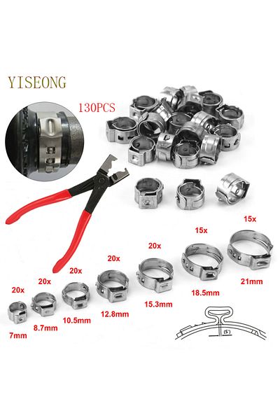 YISEONG 130pcs With Plier 130pcs Single Ear Hose Clamps Hose Clip Clamp Pliers 7-21mm Tool Kit 304 Stainle