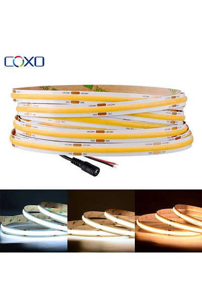 COXO 5m Dc 12v 480 Leds 3000k Warm White Fcob Cob Led Strip Light 320 480 Leds/m 16.4ft Ul Listed High De