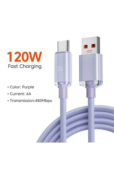 XMSJ كابل USB Type C أرجواني بطول 2 متر بقوة 120 وات و6 أمبير لهاتف Xiaomi 13 وSamsung S23 وRealme للشحن السريع