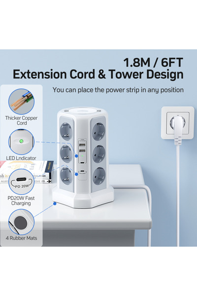 Choice واقي من التيار الزائد متعدد المقابس 110-250 فولت EU 12 أبيض، 4000 وات، 16 أمبير، مع منفذي USB A و2 منفذ USB C، 2 متر