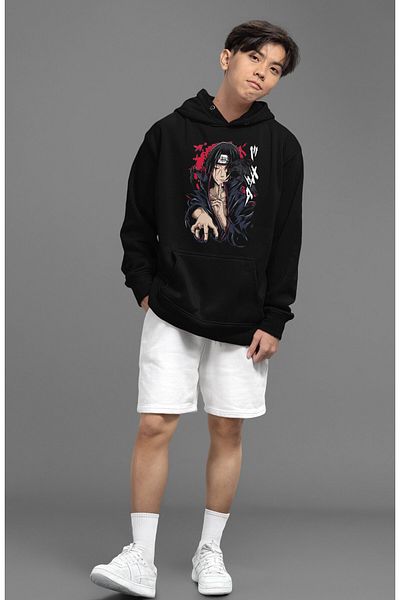 Fuddy Moda Unisex Itachi Uchiha Printed Hooded Sweatshirt, Oversize Naruto Anime Themed Hoodie
