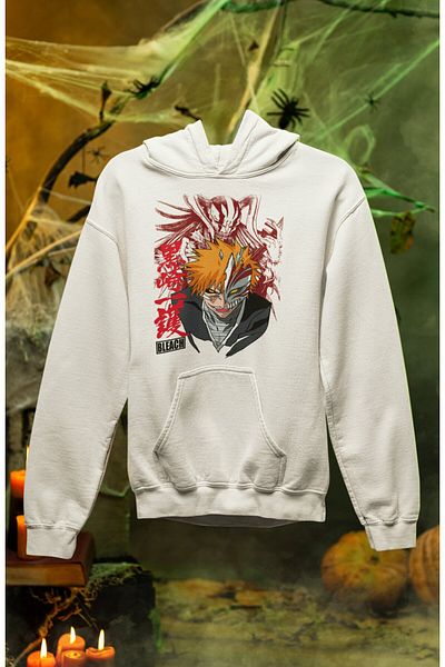 Fuddy Moda Hanorac cu glugă cu imprimeu Ichigo Bleach, Hanorac cu glugă supradimensionat unisex cu imprimeu anime