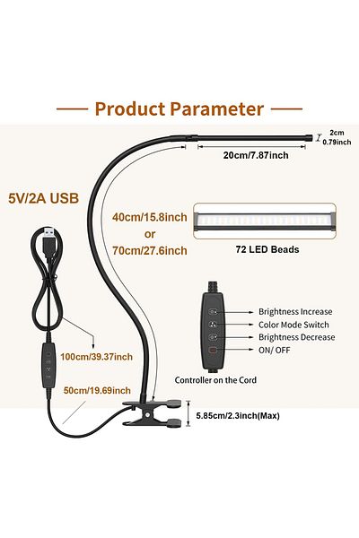Choice 40cm Height 10W LED Desk Lamp with Clamp Dimmable Clip On Reading Light 10 Brightness Level 3 Lighti