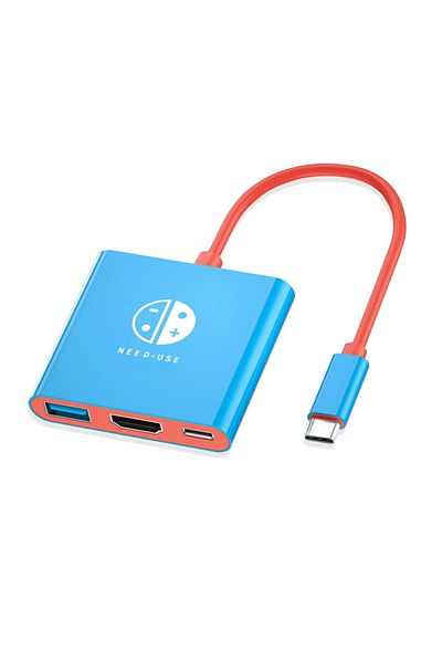 Choice محول موزع USB 3.0 أحمر وأزرق 3 في 1، موزع USB C، محطة إرساء محمولة للتلفزيون، 4K HDML
