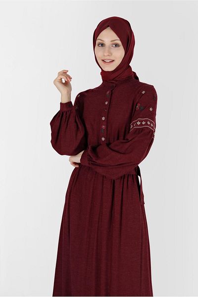 TRENDTESETTÜR Βουργουνδία Φόρεμα Hijab με Ζώνη - Γυναικείο T 42387