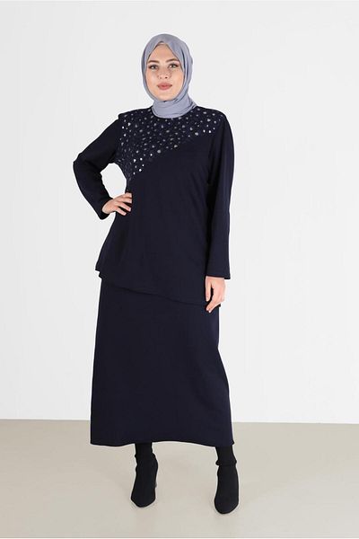 TRENDTESETTÜR Navy Blue Patterned Women's Skirt Set - t 20192