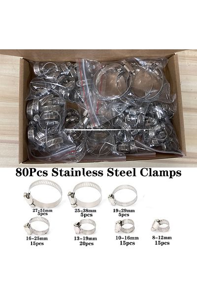YISEONG 80pcs Hose Clips Pipe Clamps 8mm-51mm Stainless Steel Hoop Clamp Hose Clamp Stainless Steel Set A...