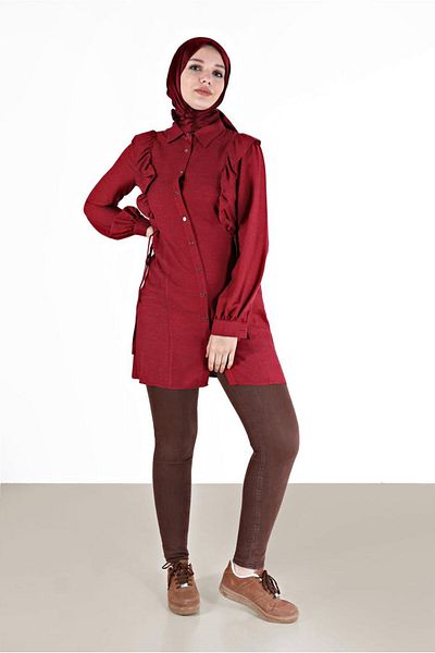 TRENDTESETTÜR Red Ruffle Detailed Women's Tunic - t 42390