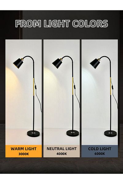 COOYA Nordic Style Modern Floor Lamp,3 Lighting Modes,Adjustable Head,Eye-Caring Design,E27,12w,Black