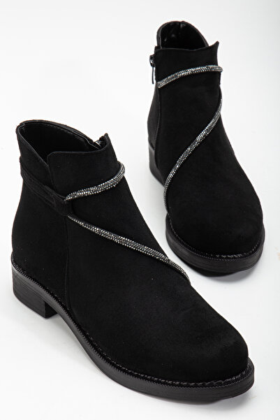 PowerSpeed Kadın Siyah Süet Termo Taban Taş Halatlı Fermuarlı Kısa Topuklu Bot