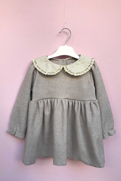 Bertuğ Bebek Gri Dantel Yakalı Kız Bebek Elbise