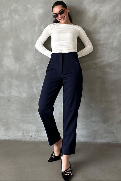 Seeh Navy Blue High Waist Women's Fabric Trousers Sh192