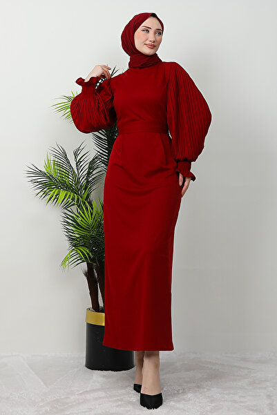 GİZ AGİYİM Φόρεμα με πλισέ με μπορντό χρώμα