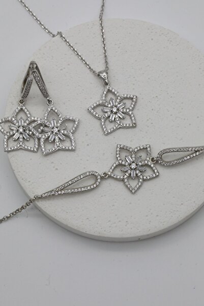 Inure Jewelry 925 Ayar Gümüş Çiçek Baget & Zirkon Taşlı (Kolye & Bileklik & K...