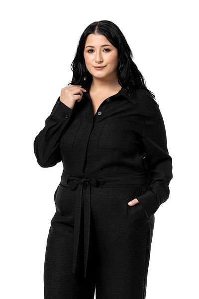 DISENTIS MODEST Plus Size Wide Leg Black Jumpsuit with Tunnel Waist and Elastic Back
