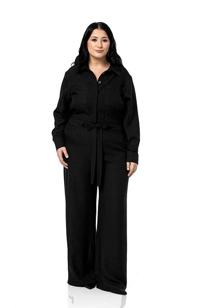 DISENTIS MODEST Plus Size Wide Leg Black Jumpsuit with Tunnel Waist and Elastic Back