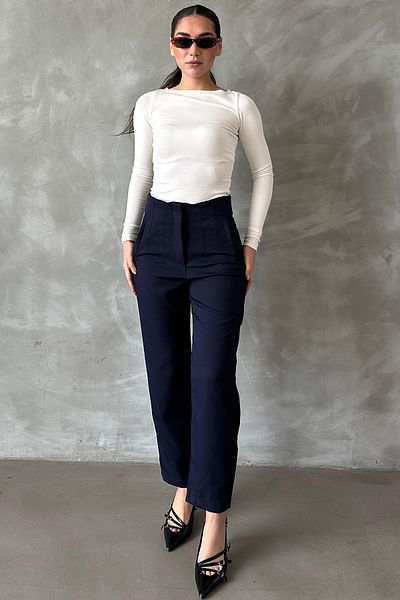 Seeh Navy Blue High Waist Women's Fabric Trousers Sh192
