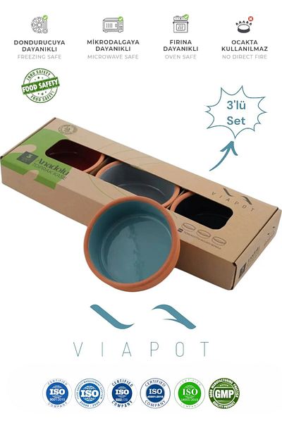 Viapot Anatolian Rice Pudding Bowl Crock - 250ml Glazed Inside, Colored 3-piece Pottery Set 11.5x4.5cm