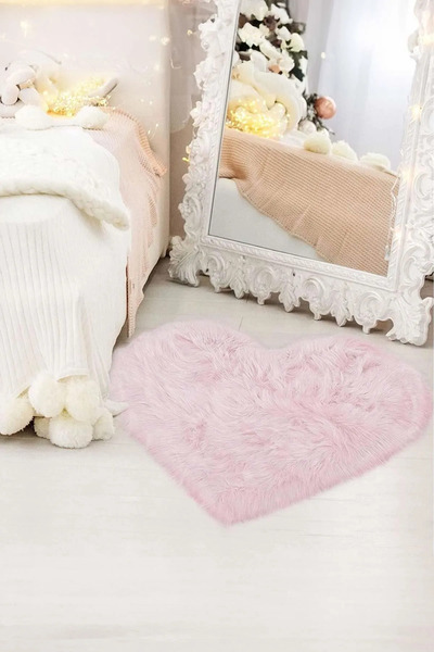 Aden Goya Tavşan Tüyü Peluş Halı | Tek Kalpli Yumuşak Pudra Kaymaz Tabanlı Po...