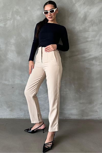 Seeh Beige High Waist Women's Fabric Trousers Sh192