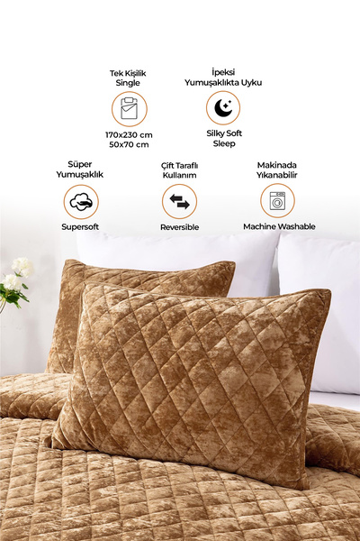 Evlen Home Collection Kapitone Kadife Yatak Örtüsü Seti Tek Kişilik Supersoft 2 Parça Yumuşak Elyaf Dolgulu Çeyizlik Kahve