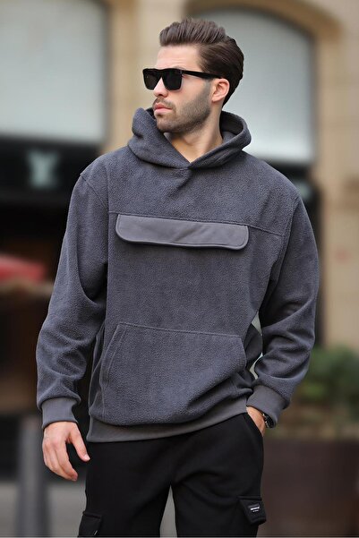 Madmext Men's Fleece Sweatshirt 7097 - Smoked, Hooded, Covered Pocket Detail