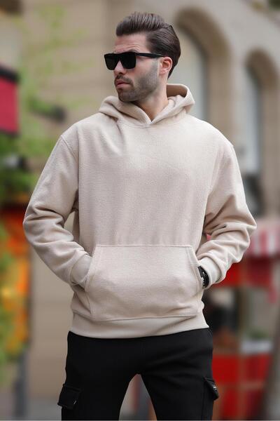 Madmext Ανδρικό φούτερ Fleece 7093 - Μπεζ, με κουκούλα και λεπτομέρεια τσέπης