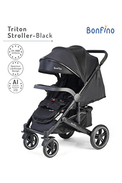 Bonfino عربة أطفال تريتون مع مظلة قابلة للتعديل وحزام أمان وعجلات تعليق - أسود