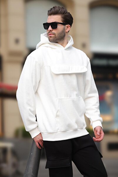 Madmext Чоловічий флісовий світшот з капюшоном з детальною кишенею з капюшоном екрю 7097