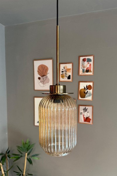 Bamyum Wingmn Bal Rengi Cam Tekli Avize Eskitme İnce UBaşlık Retro Sarkıt Restoran Salon Aydınlatma