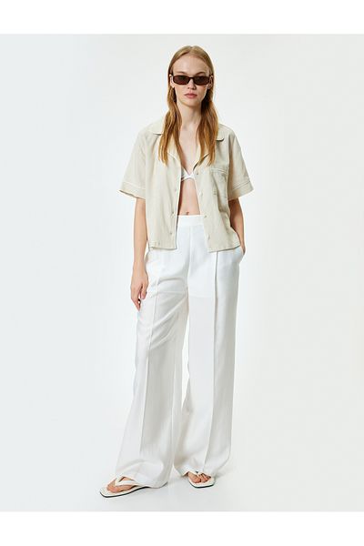 Koton Linen Blended Shirt Short Sleeve Pocket Detail Turn-Down Collar Button