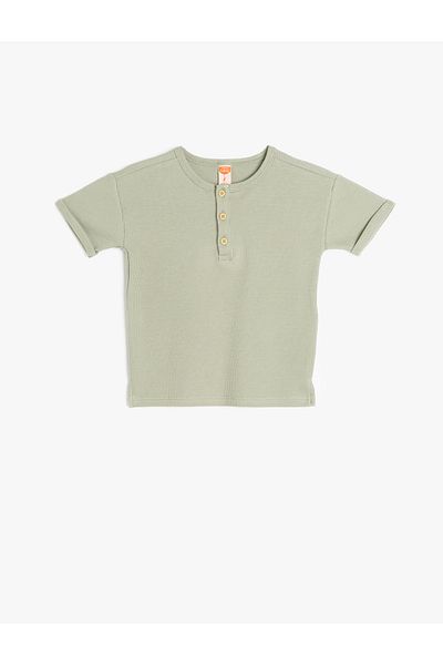 Koton Button Detailed Short Sleeve Cotton Crew Neck Basic T-Shirt