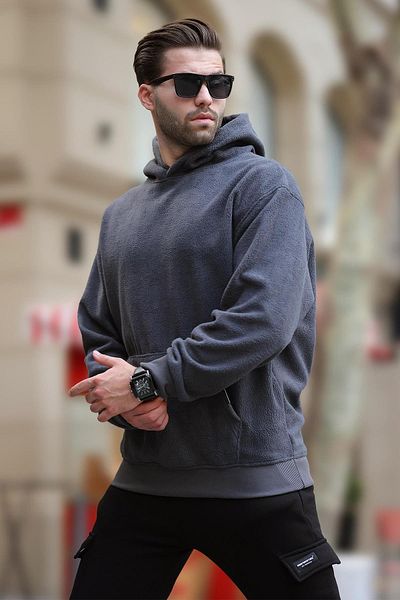 Madmext Ανδρικό φούτερ Fleece 7093 - Καπνιστό, με κουκούλα και λεπτομέρεια τσέπης